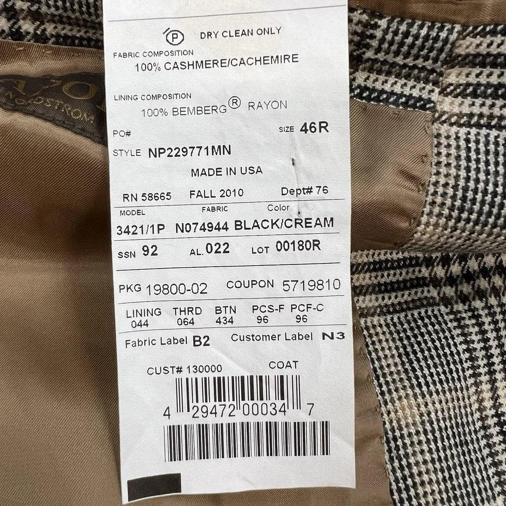 John W. Nordstrom Cashmere Blazer Jacket Sport Coat Mens 46R Cream/Brown/Black